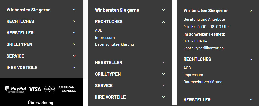 Mobile Fußzeile mit Akkordeon-Menü