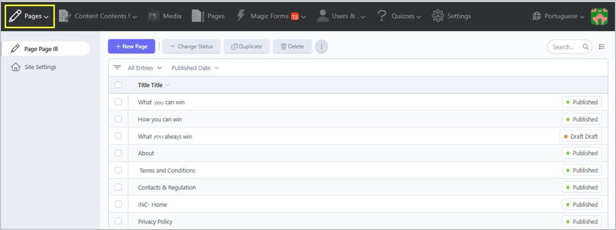 Online QuizManager Back Office Page Management 