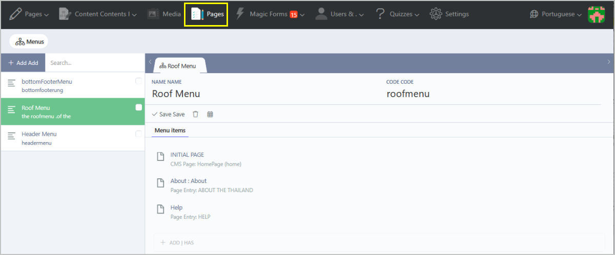 Online QuizManager Back Office Creating the navigation menus