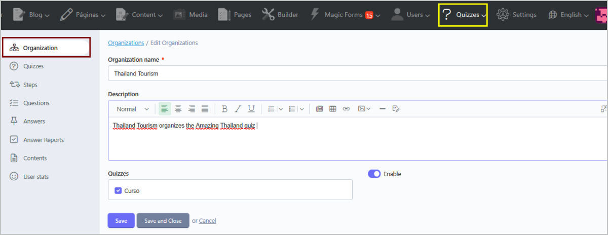 Online QuizManager Back Office Management of a quiz - organization details