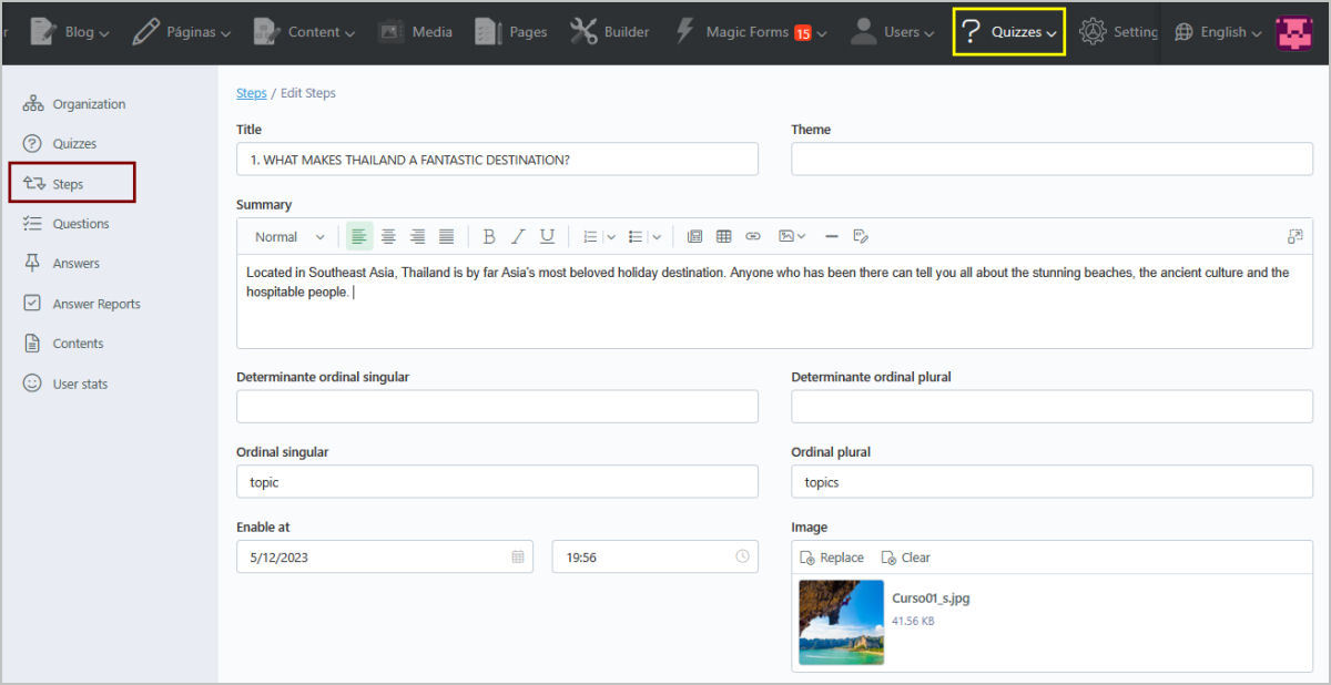 Online QuizManager Back Office Management of a quiz - steps