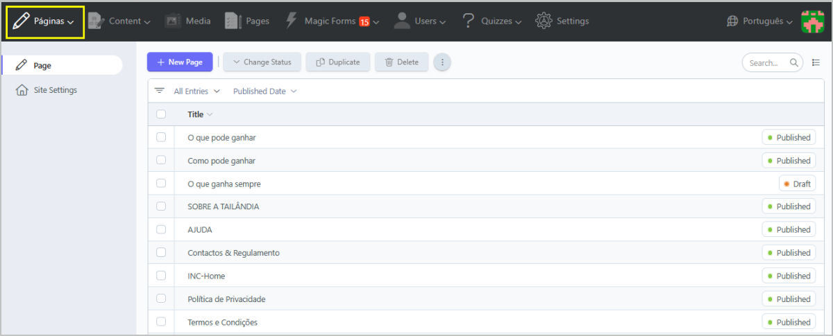 Gestão de página de back office do QuizManager online