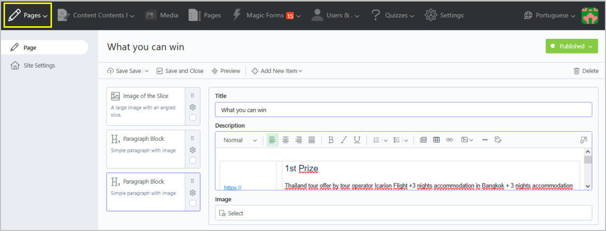 Criação de conteúdos para o site de back office do QuizManager online