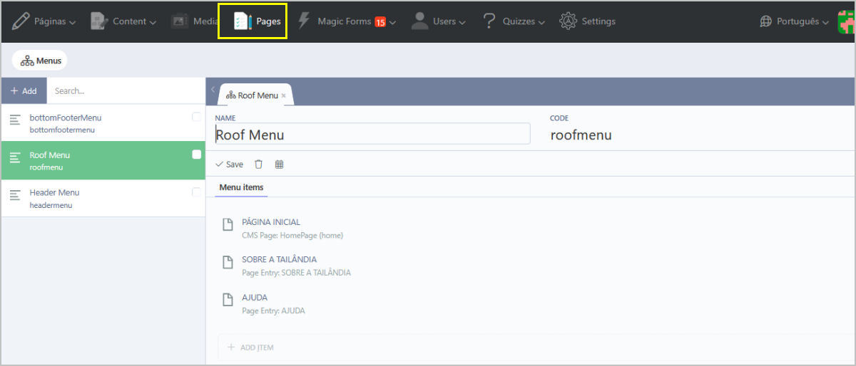 Online QuizManager Back Office Criação dos menus de navegação