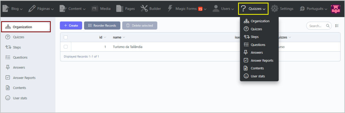 Gestão de Back Office do Quiz Online QuizManager – Organização