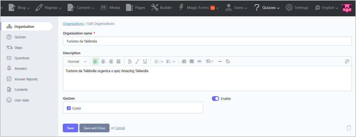 Gestão de Back Office do QuizManager Online de um Quiz – Detalhes da Organização