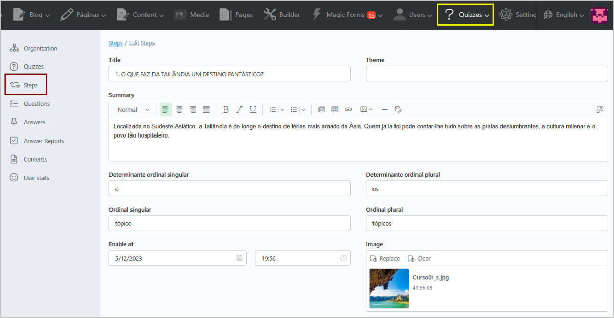 Online QuizManager Back Office Gerir um Quiz - Detalhes dos Passos