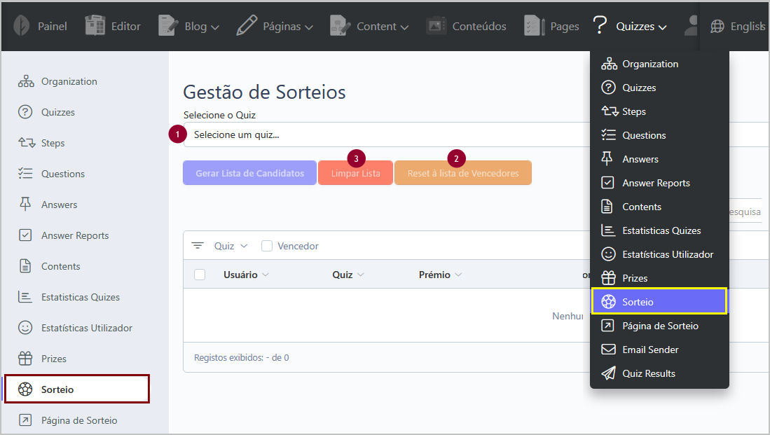 QuizManager Preparação de sorteios 
