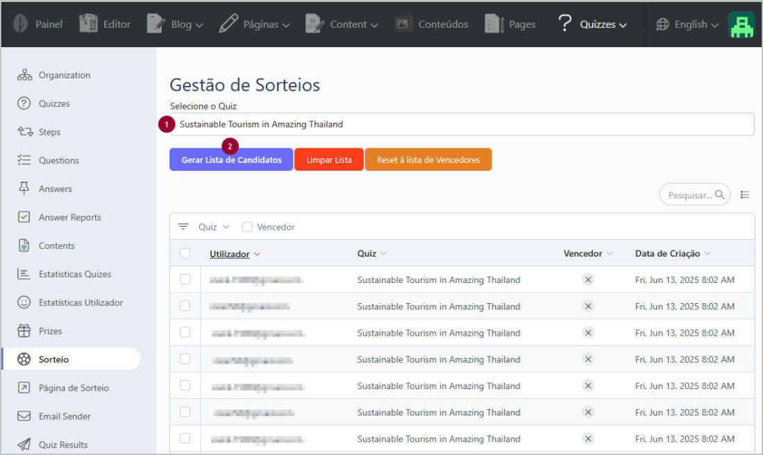 QuizManager Gerar Lista de Candidatos para Sorteio
