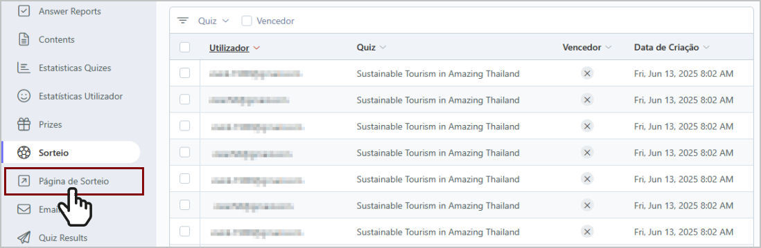 QuizManager Aceder à página do sorteio