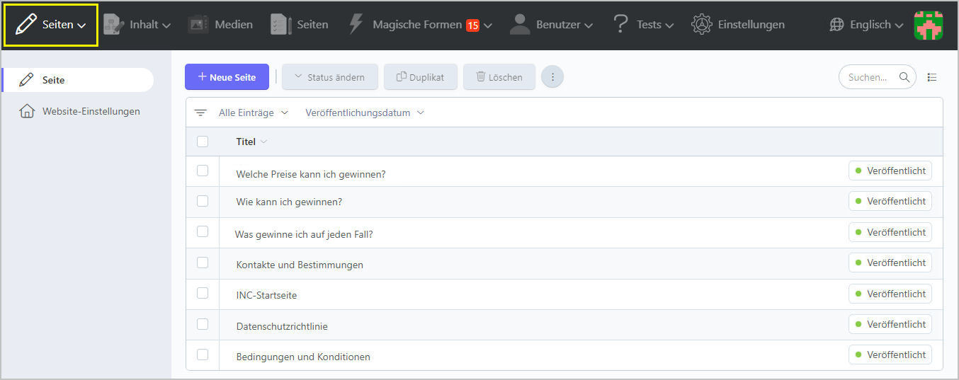 Online QuizManager Back Office Seitenverwaltung 