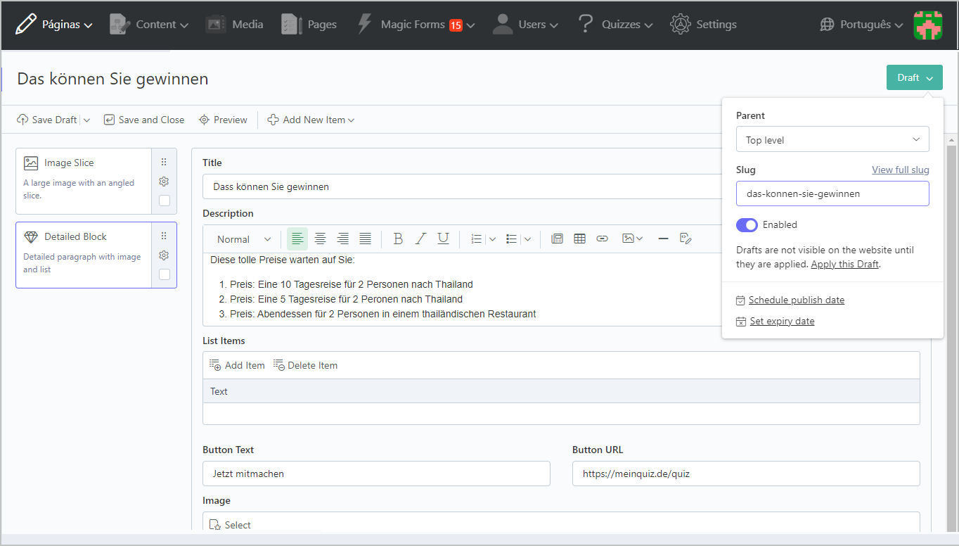 Online QuizManager Back Office Webseiten Inhalte erstellen