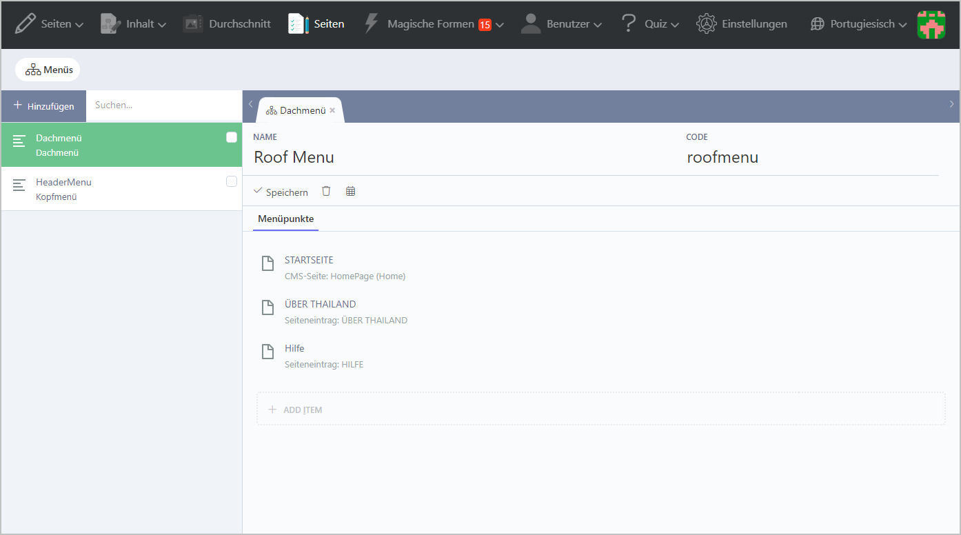 Online QuizManager Back Office Erstellen der Navigationsmenüs
