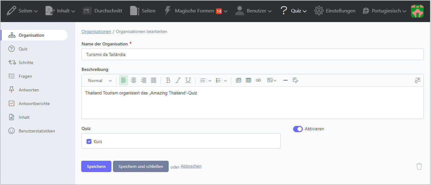 Online QuizManager Back Office Verwaltung eines Quiz – Organisationdetails