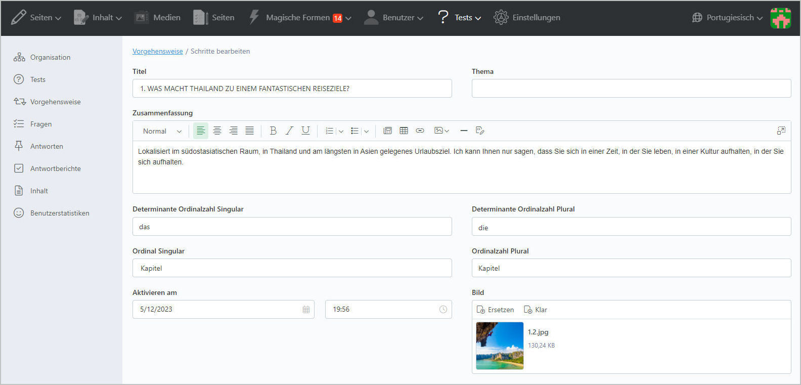 Online QuizManager Back Office Management of a quiz - details of the steps