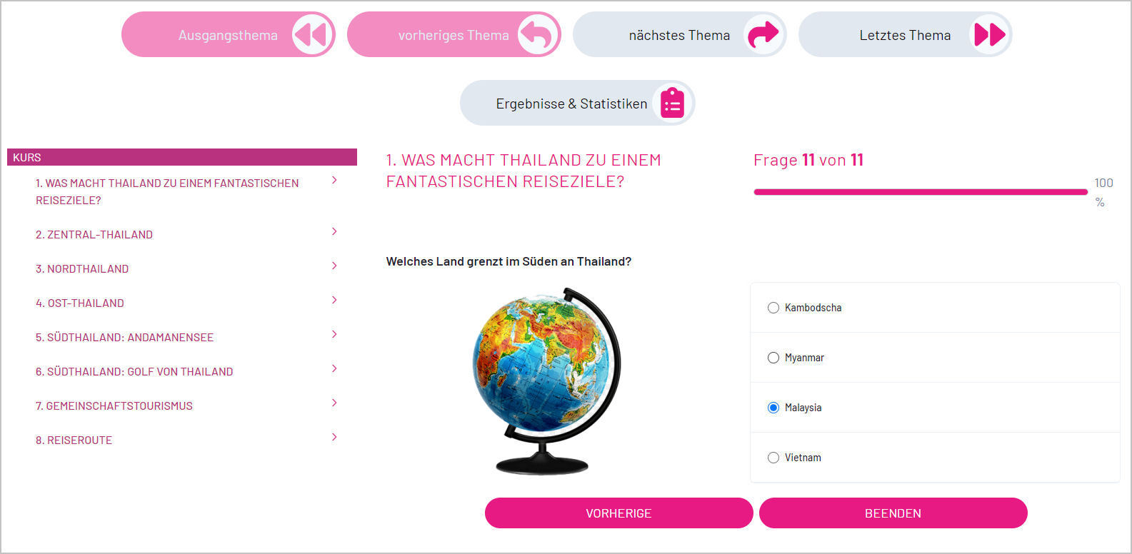 Online QuizManager Kurse Navigation zwischen Fragen