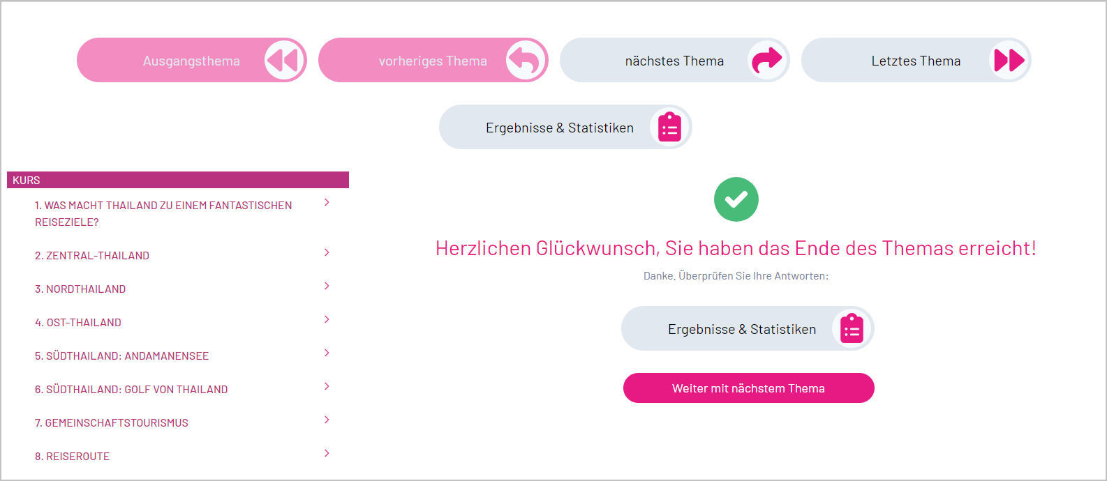 Online QuizManager Kurse - Beenden eines Kapitels 