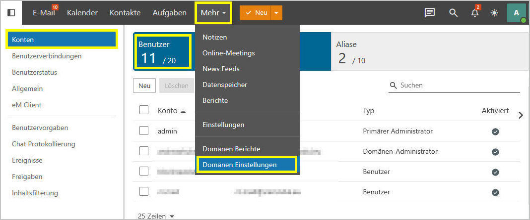 SmarterMail Suite Einstellungen Domain Anzahl der Benutzer
