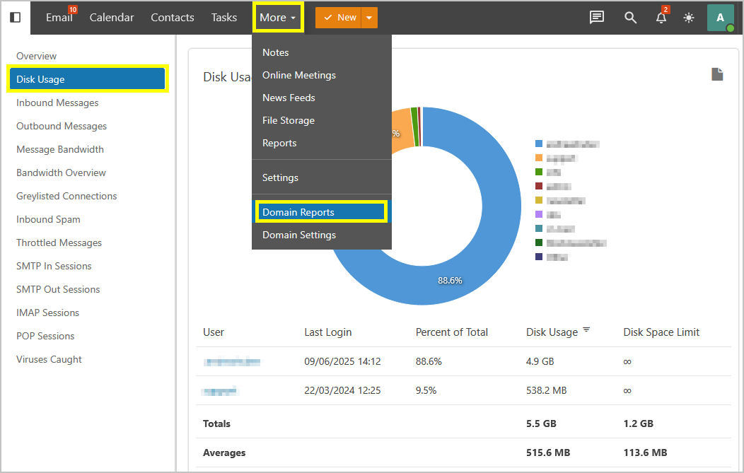 Check Used Diskspace on SmarterMail Suite Domain Settings 