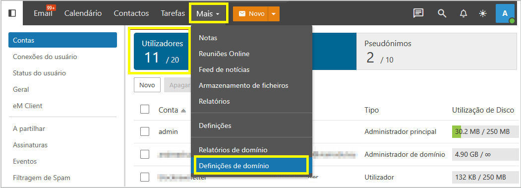 SmartMail Suite Definições Dominio Número de Utilizadores
