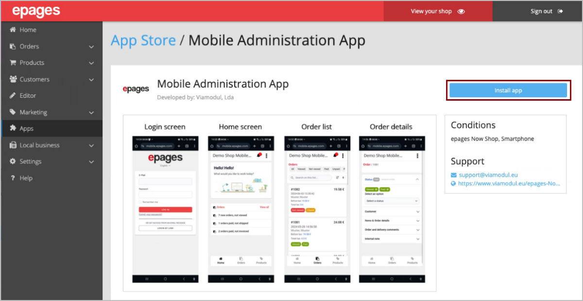 Install epages Now Administration App epages Now Administration App Install