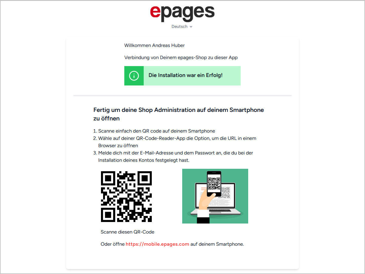 Dein Shop ist der „Mobile Administration App" verbunden Dein Shop ist der „Mobile Administration App" verbunden