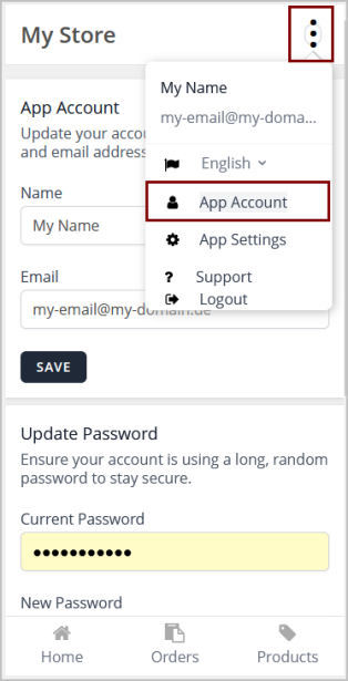 epages Now Mobile Administration App change account details