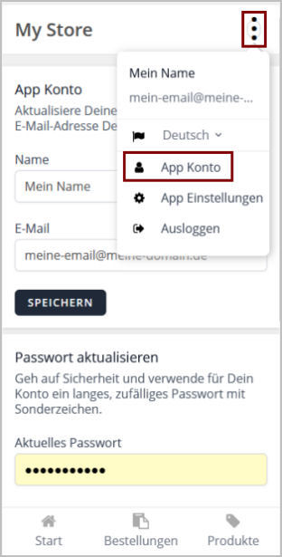 epages Now Mobile Administration App Kontodaten ändern