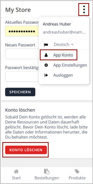 epages Now Mobile Administration App Konto löschen
