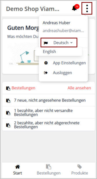 epages Now Mobile Administration App Sprache ändern