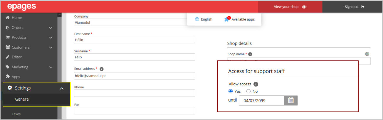 Set up Access for support staff in epages Now