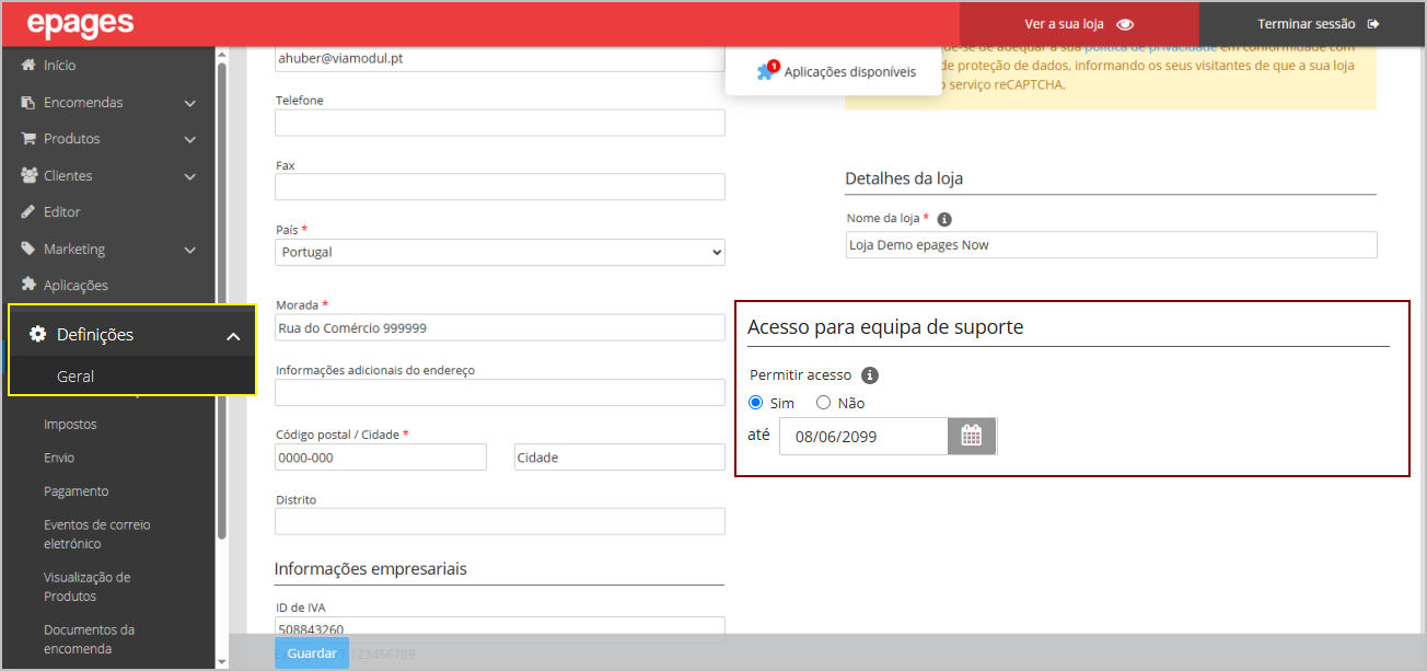 epages Now Definir Acesso de Suporte  