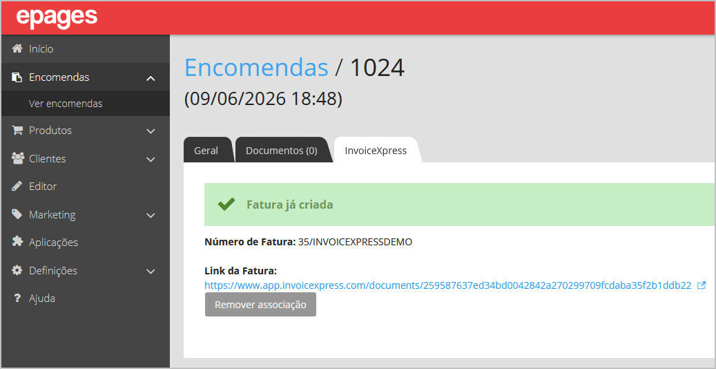 Acesso no epages Now à factura gerada no invoicExpress