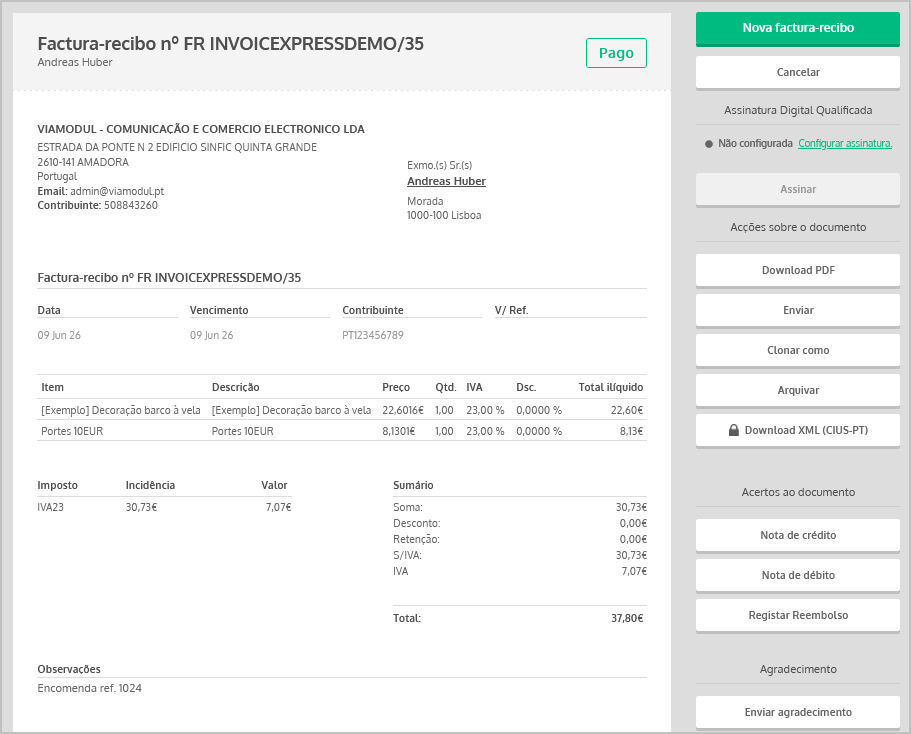 Factura no invoicExpress gerada por epages Now a partir de uma encomenda