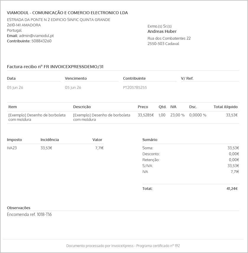 Factura em PDF gerada no invoicExpress
