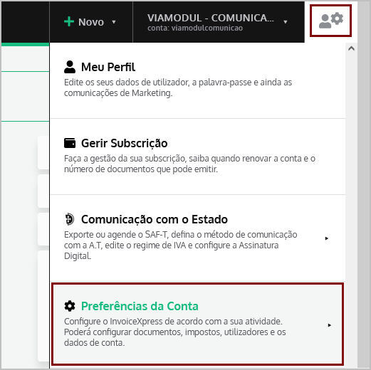 Obter a chave API no invoicExpress - Configurações > Preferências