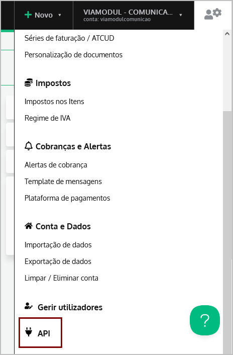 Obter a chave API no invoicExpress - Configurações > Preferências > API
