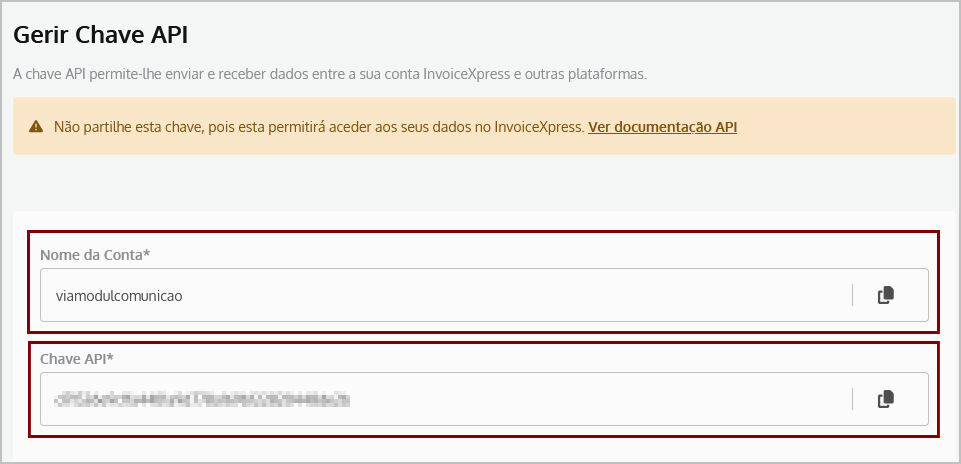 Obter a chave API no invoicExpress - Configurações > Preferências > API e Nome de Conta
