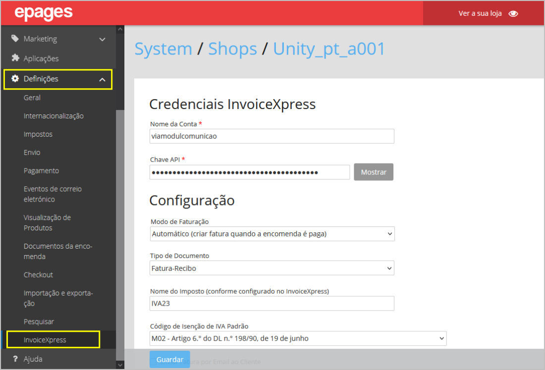 No ePages Now, aceda ao menu:  Definições → invoicExpress