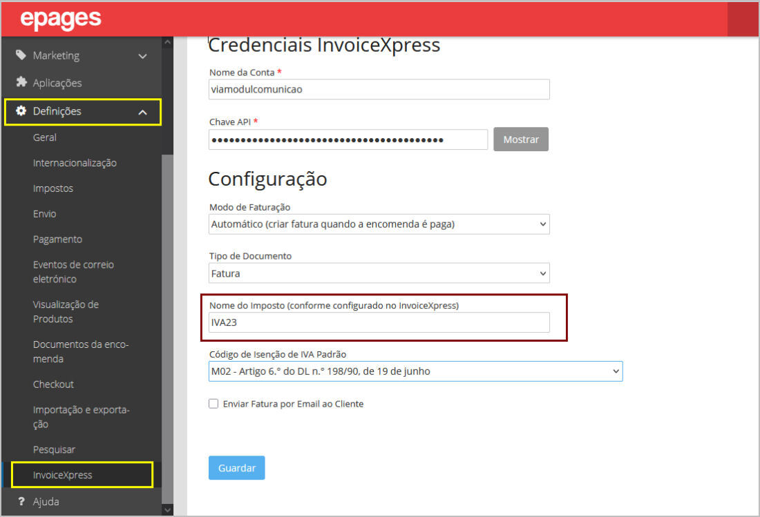 epages Now invoicExpress - Definições Nome IVA