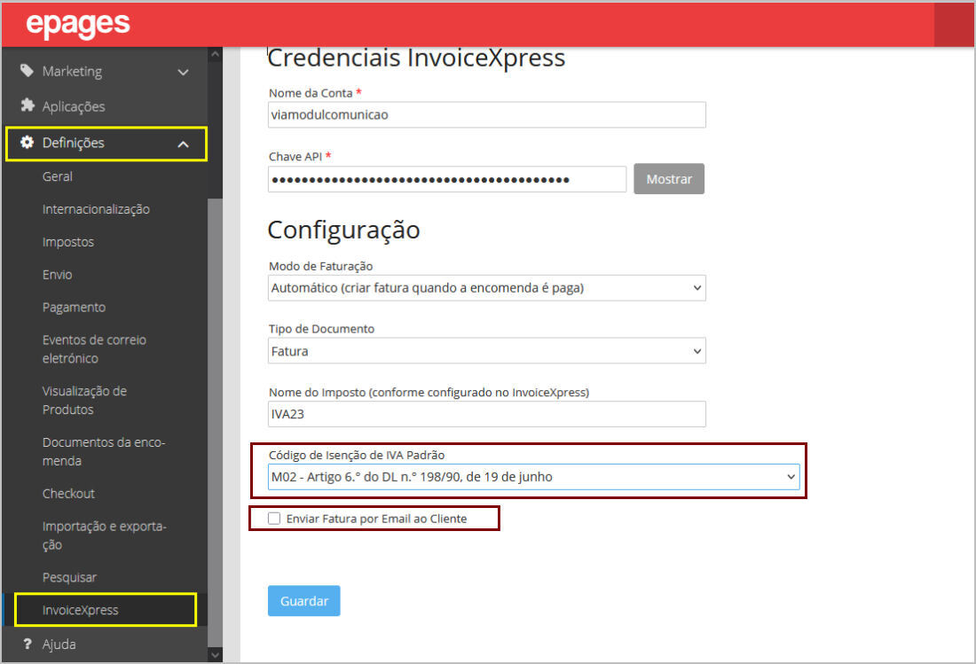 epages Now invoicExpress Definição epages Isenção IVA Padrão e Mail para cliente