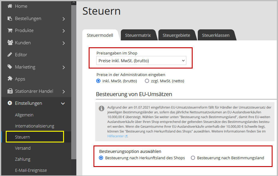 epages Now Steuereinstellungen mit lexoffice 