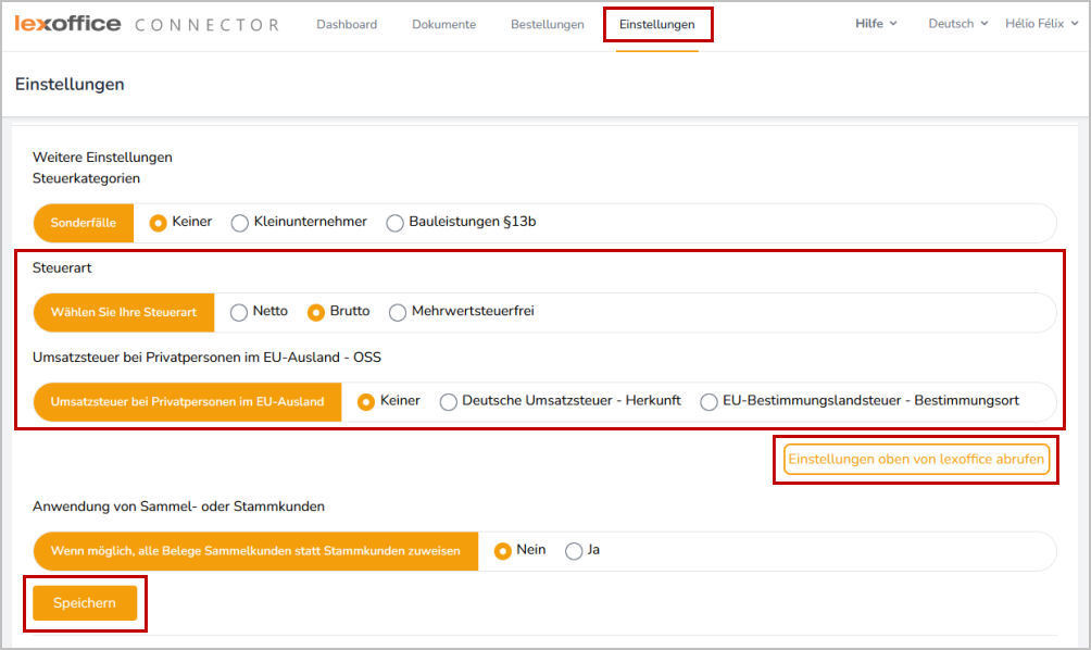 lexoffice epages Steuereinstellungen lexoffice connector Einstellungen