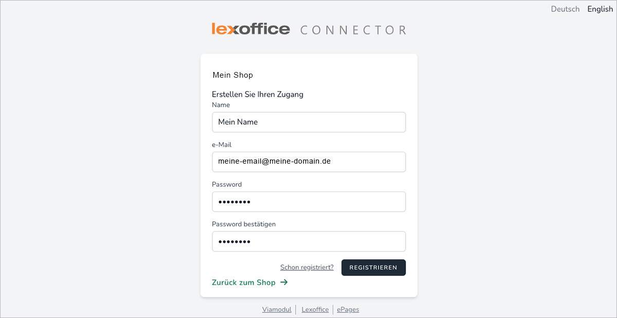 Registriere Dich auf der App „lexoffice Connector“, so dass Du Dich in die App einloggen kannst.