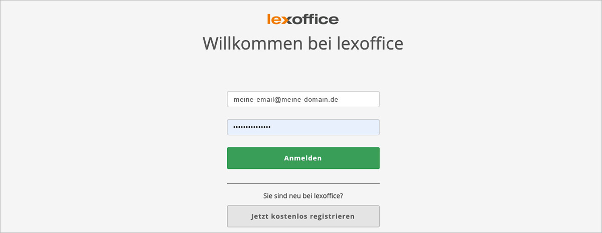 Melde Dich auf Deinem lexoffice Konto an, oder registriere Dich, falls Du noch kein lexoffice Konto besitzt.