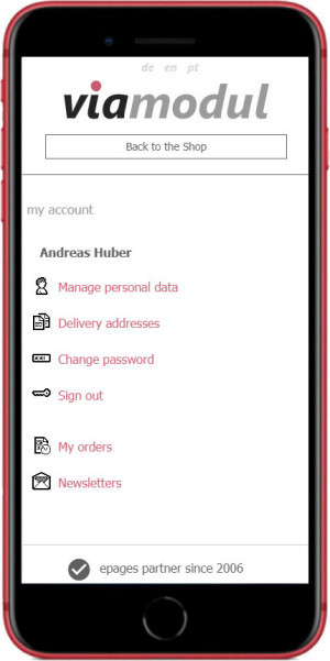 My Account on epages 6 mobile version My Account on epages 6 mobile version