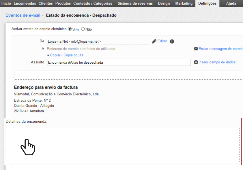 Epages envio automáitico do código Seguimento 02 Definição evento