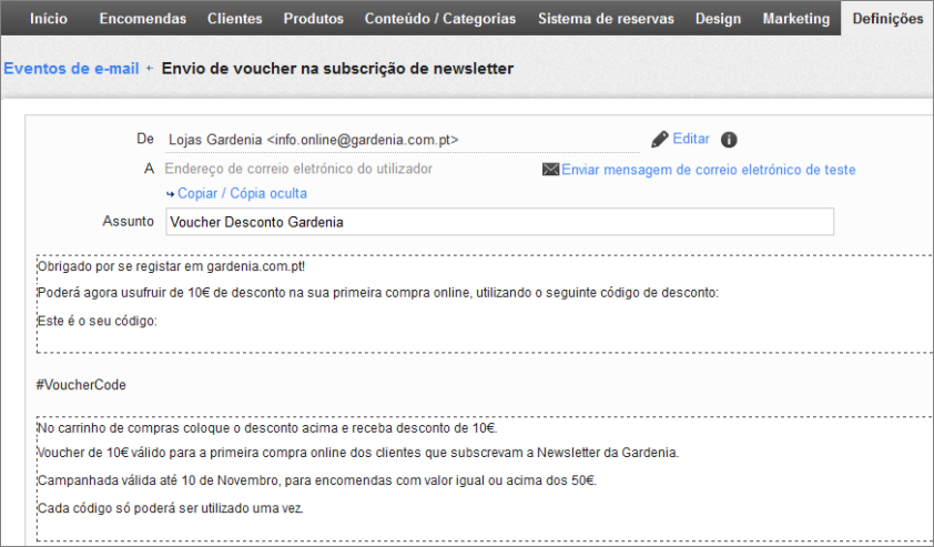 Personalização do texto do envio automático do voucher com newsletter epages